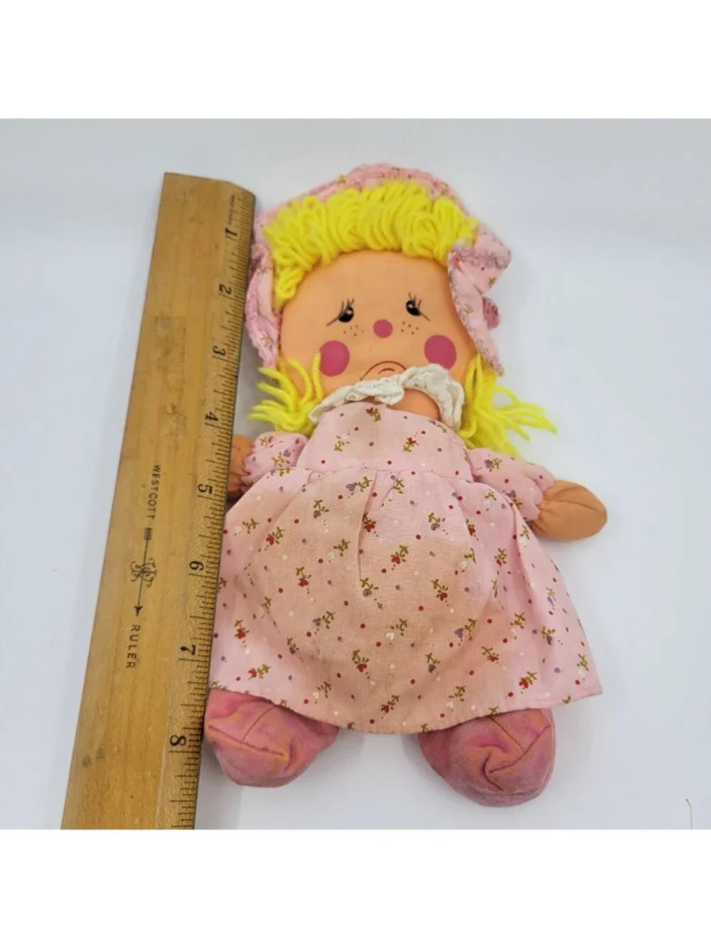 Dan Dee Happy Sad Cloth Rag Doll Vintage 1982 Pink Floral Dress & Bonnet Yarn Ha